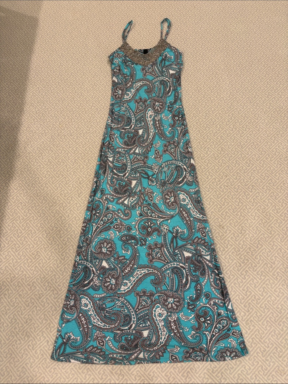 Turquoise Paisley Maxi Dress with Beaded Neckline